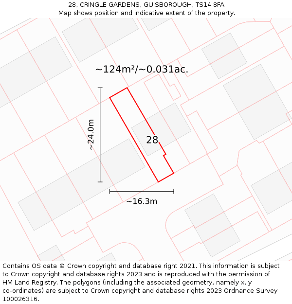 28, CRINGLE GARDENS, GUISBOROUGH, TS14 8FA: Plot and title map