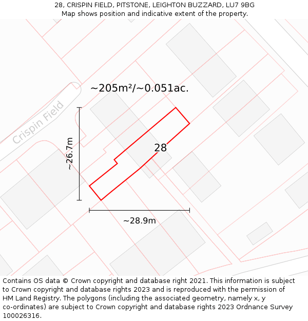 28, CRISPIN FIELD, PITSTONE, LEIGHTON BUZZARD, LU7 9BG: Plot and title map