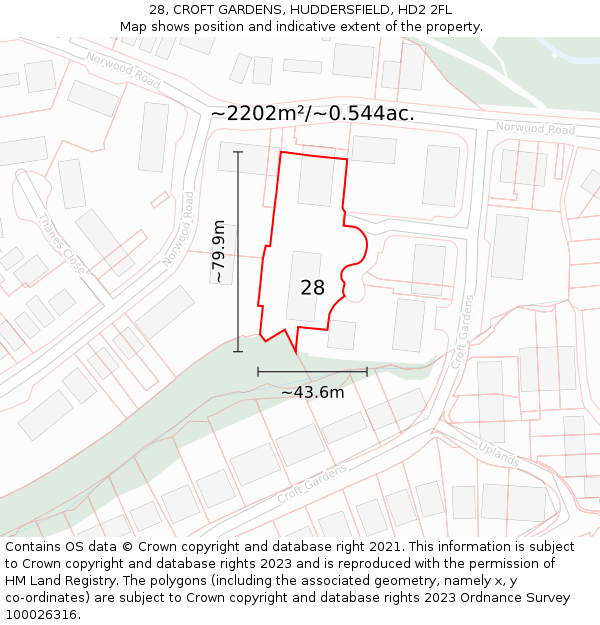 28, CROFT GARDENS, HUDDERSFIELD, HD2 2FL: Plot and title map