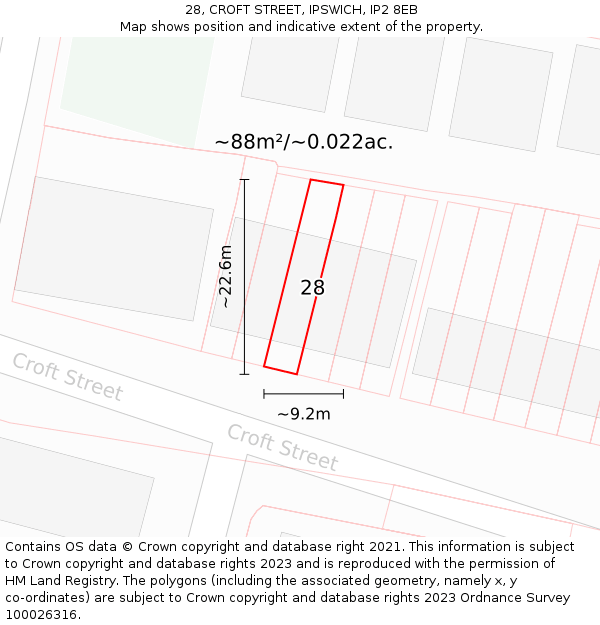 28, CROFT STREET, IPSWICH, IP2 8EB: Plot and title map