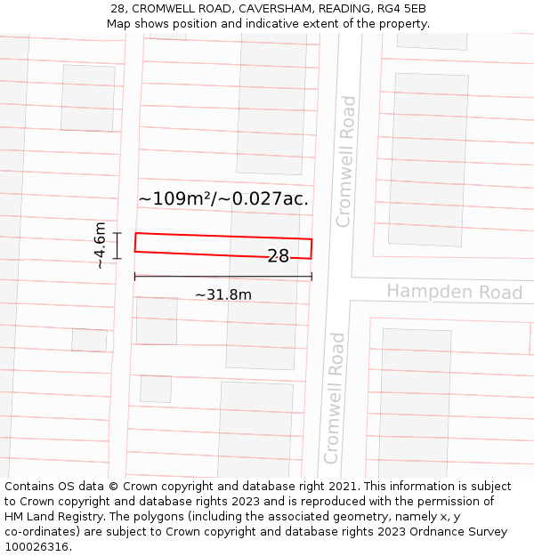 28, CROMWELL ROAD, CAVERSHAM, READING, RG4 5EB: Plot and title map