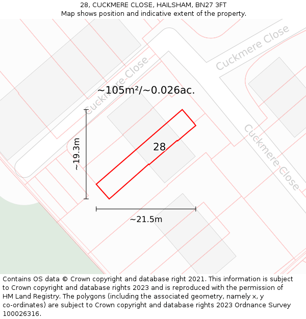 28, CUCKMERE CLOSE, HAILSHAM, BN27 3FT: Plot and title map