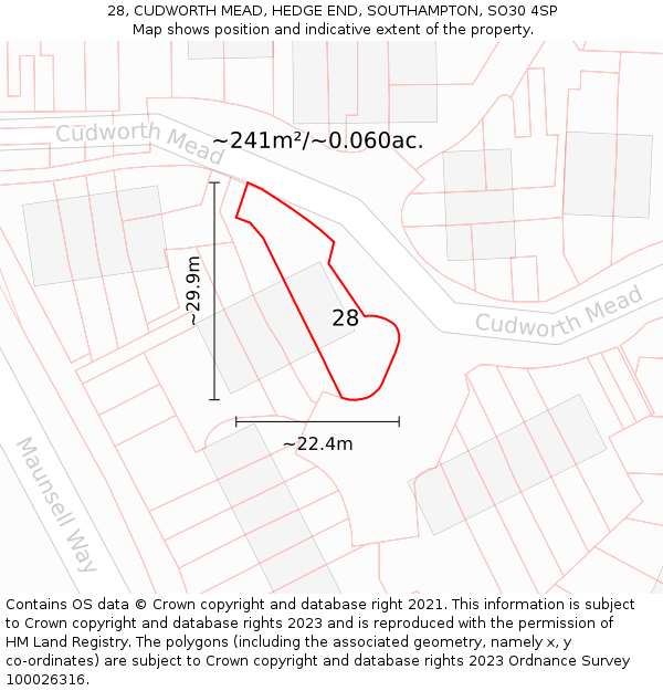 28, CUDWORTH MEAD, HEDGE END, SOUTHAMPTON, SO30 4SP: Plot and title map