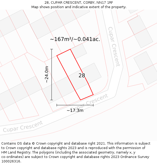 28, CUPAR CRESCENT, CORBY, NN17 1RF: Plot and title map