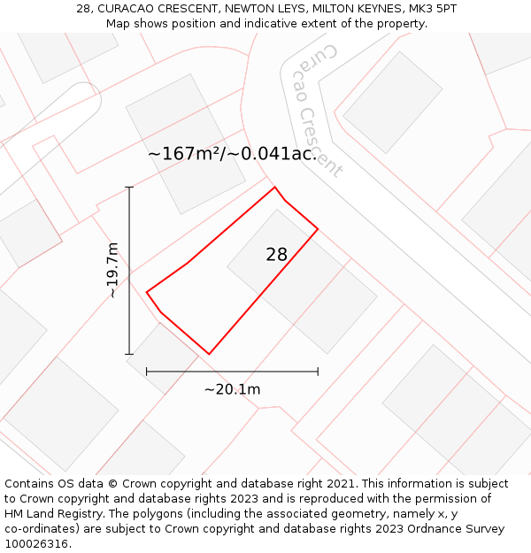 28, CURACAO CRESCENT, NEWTON LEYS, MILTON KEYNES, MK3 5PT: Plot and title map