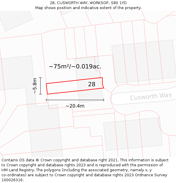 28, CUSWORTH WAY, WORKSOP, S80 1YD: Plot and title map