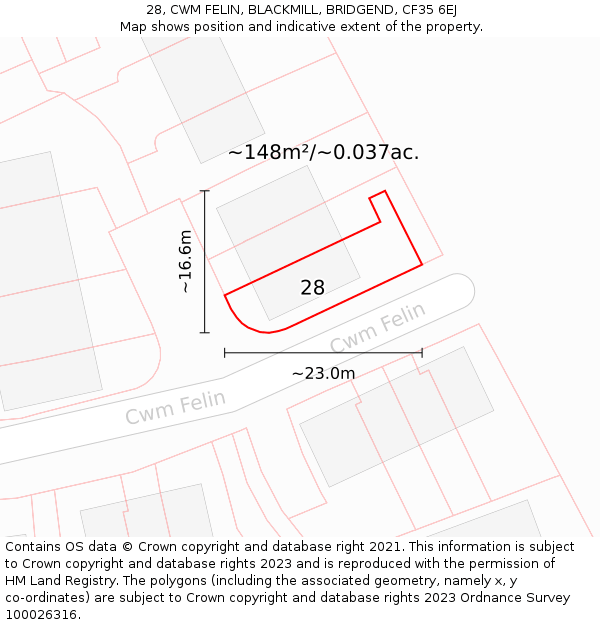 28, CWM FELIN, BLACKMILL, BRIDGEND, CF35 6EJ: Plot and title map