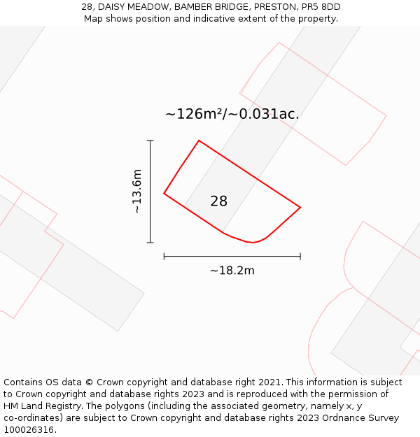 28, DAISY MEADOW, BAMBER BRIDGE, PRESTON, PR5 8DD: Plot and title map
