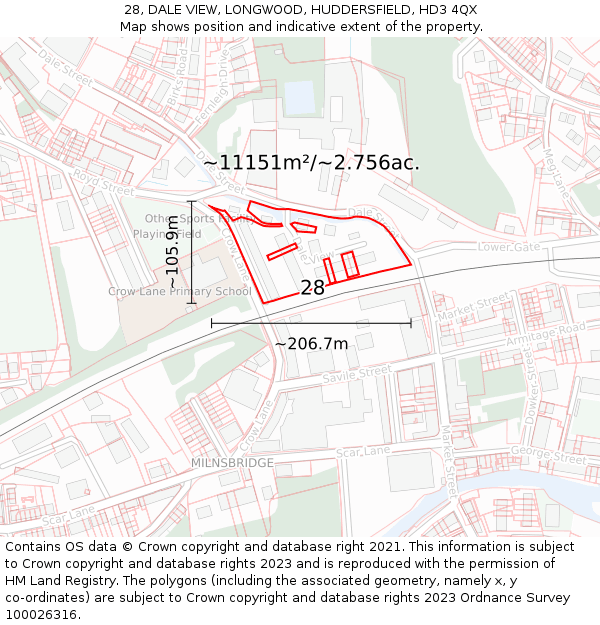 28, DALE VIEW, LONGWOOD, HUDDERSFIELD, HD3 4QX: Plot and title map