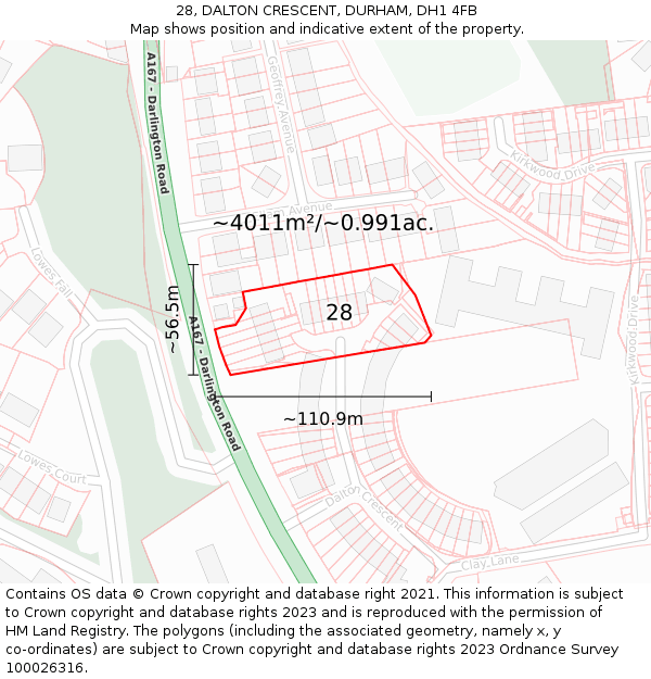 28, DALTON CRESCENT, DURHAM, DH1 4FB: Plot and title map