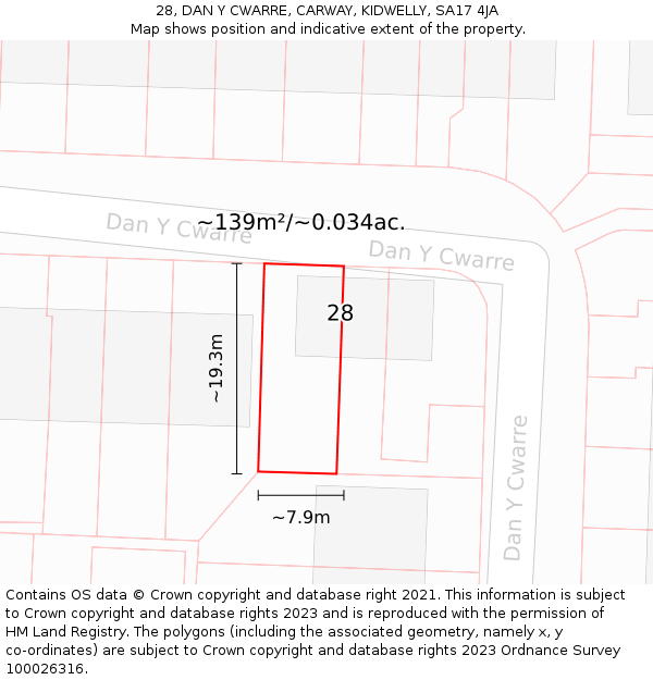 28, DAN Y CWARRE, CARWAY, KIDWELLY, SA17 4JA: Plot and title map