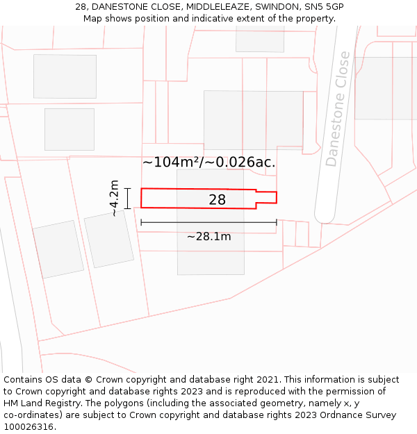 28, DANESTONE CLOSE, MIDDLELEAZE, SWINDON, SN5 5GP: Plot and title map