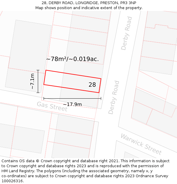 28, DERBY ROAD, LONGRIDGE, PRESTON, PR3 3NP: Plot and title map