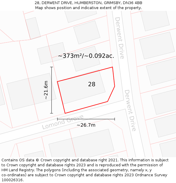 28, DERWENT DRIVE, HUMBERSTON, GRIMSBY, DN36 4BB: Plot and title map