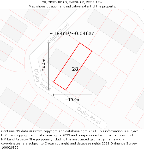 28, DIGBY ROAD, EVESHAM, WR11 1BW: Plot and title map