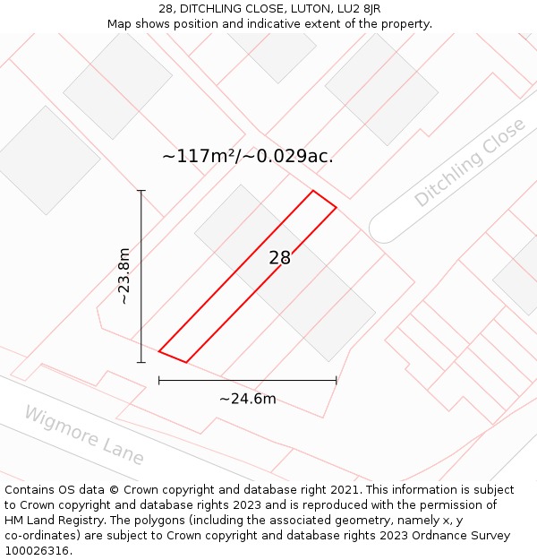 28, DITCHLING CLOSE, LUTON, LU2 8JR: Plot and title map