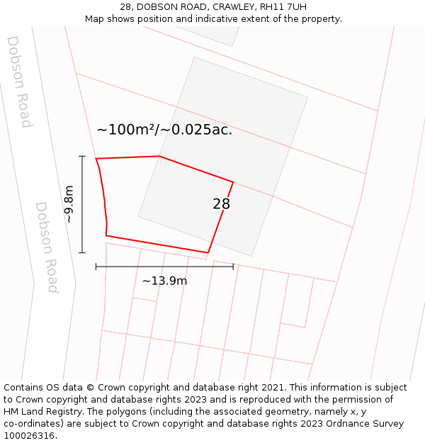 28, DOBSON ROAD, CRAWLEY, RH11 7UH: Plot and title map