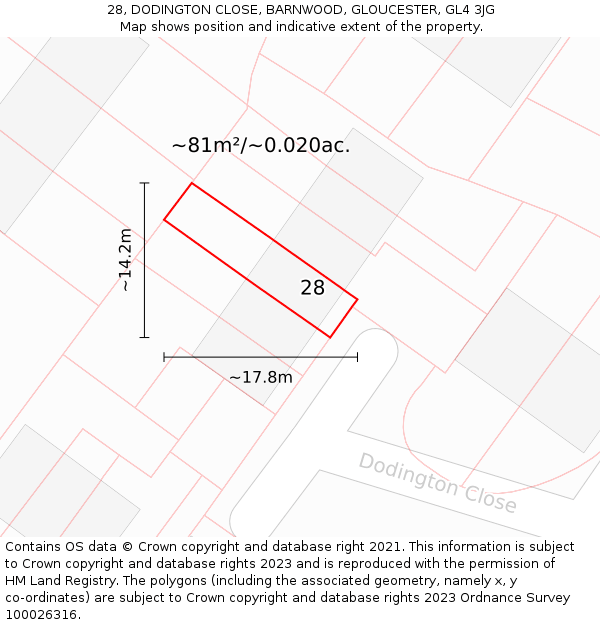 28, DODINGTON CLOSE, BARNWOOD, GLOUCESTER, GL4 3JG: Plot and title map