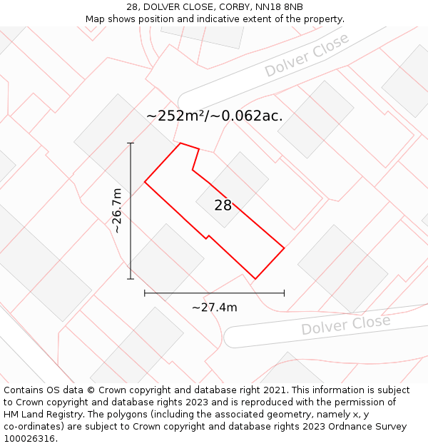 28, DOLVER CLOSE, CORBY, NN18 8NB: Plot and title map