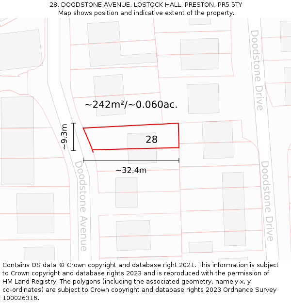 28, DOODSTONE AVENUE, LOSTOCK HALL, PRESTON, PR5 5TY: Plot and title map