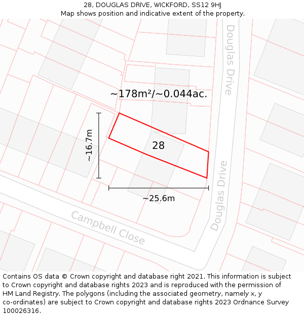 28, DOUGLAS DRIVE, WICKFORD, SS12 9HJ: Plot and title map