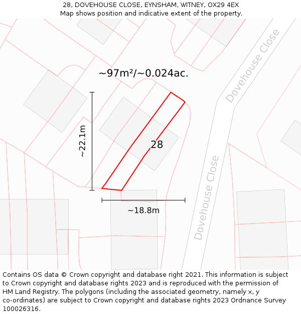 28, DOVEHOUSE CLOSE, EYNSHAM, WITNEY, OX29 4EX: Plot and title map