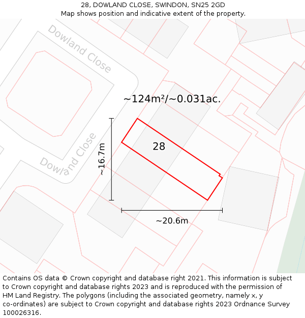 28, DOWLAND CLOSE, SWINDON, SN25 2GD: Plot and title map