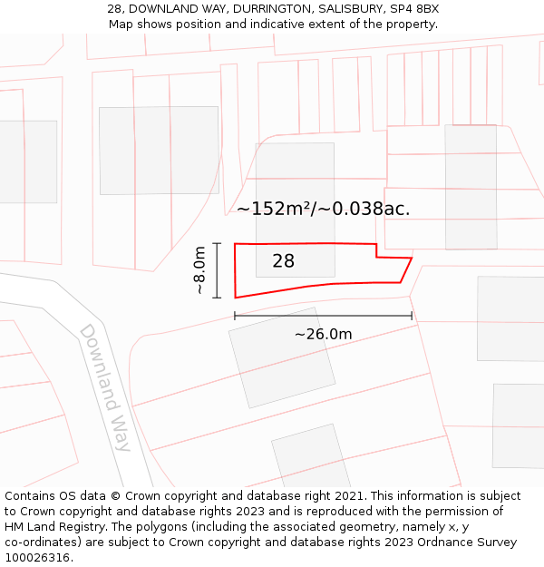 28, DOWNLAND WAY, DURRINGTON, SALISBURY, SP4 8BX: Plot and title map