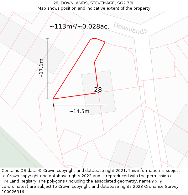 28, DOWNLANDS, STEVENAGE, SG2 7BH: Plot and title map