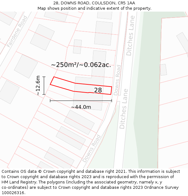 28, DOWNS ROAD, COULSDON, CR5 1AA: Plot and title map