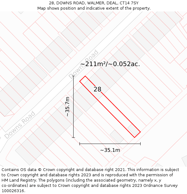 28, DOWNS ROAD, WALMER, DEAL, CT14 7SY: Plot and title map