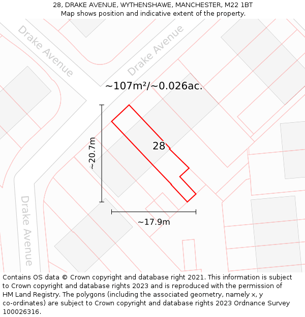 28, DRAKE AVENUE, WYTHENSHAWE, MANCHESTER, M22 1BT: Plot and title map