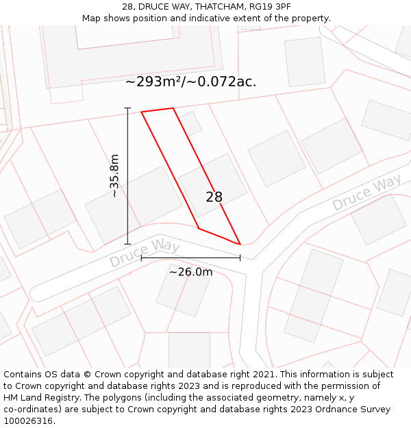 28, DRUCE WAY, THATCHAM, RG19 3PF: Plot and title map