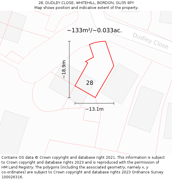 28, DUDLEY CLOSE, WHITEHILL, BORDON, GU35 9PY: Plot and title map