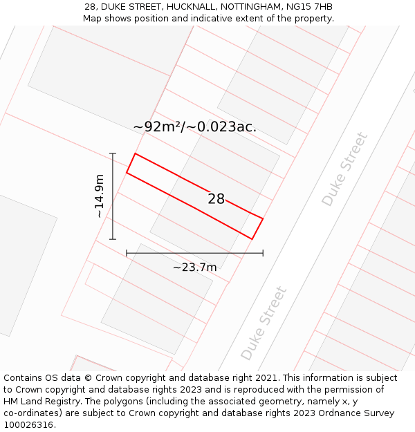 28, DUKE STREET, HUCKNALL, NOTTINGHAM, NG15 7HB: Plot and title map