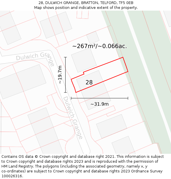 28, DULWICH GRANGE, BRATTON, TELFORD, TF5 0EB: Plot and title map