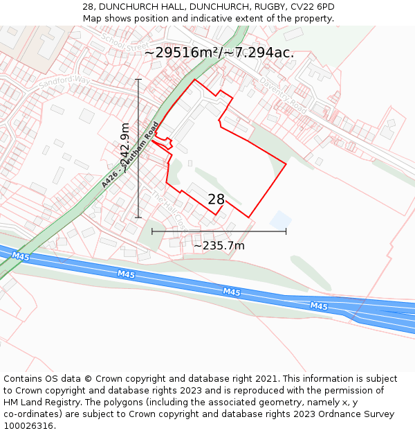28, DUNCHURCH HALL, DUNCHURCH, RUGBY, CV22 6PD: Plot and title map