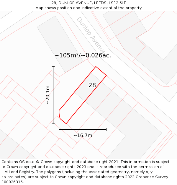 28, DUNLOP AVENUE, LEEDS, LS12 6LE: Plot and title map