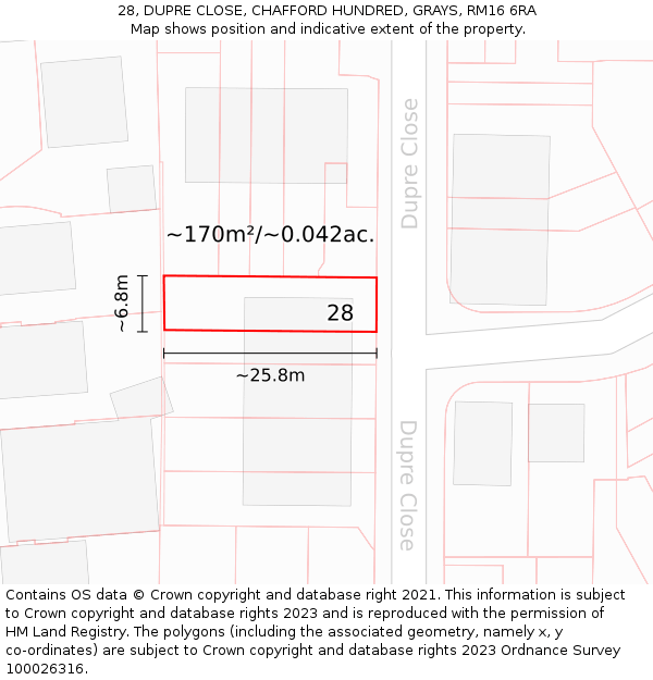 28, DUPRE CLOSE, CHAFFORD HUNDRED, GRAYS, RM16 6RA: Plot and title map