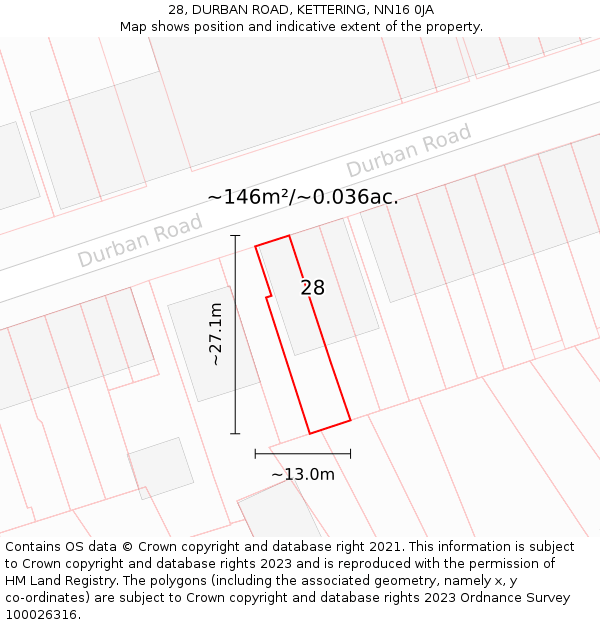28, DURBAN ROAD, KETTERING, NN16 0JA: Plot and title map