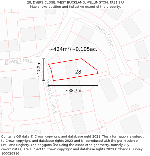 28, DYERS CLOSE, WEST BUCKLAND, WELLINGTON, TA21 9JU: Plot and title map