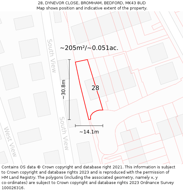 28, DYNEVOR CLOSE, BROMHAM, BEDFORD, MK43 8UD: Plot and title map