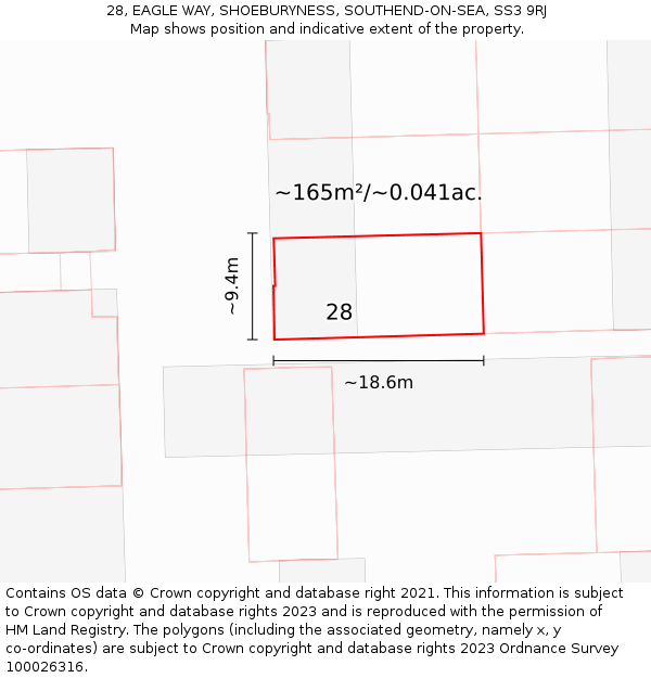 28, EAGLE WAY, SHOEBURYNESS, SOUTHEND-ON-SEA, SS3 9RJ: Plot and title map