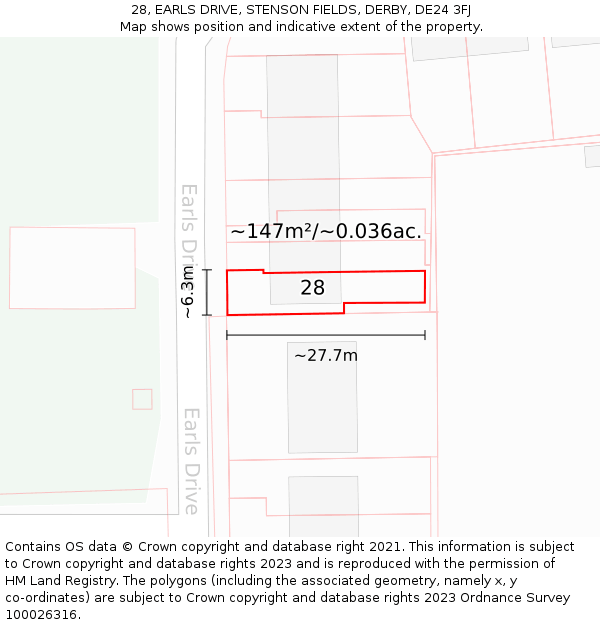 28, EARLS DRIVE, STENSON FIELDS, DERBY, DE24 3FJ: Plot and title map
