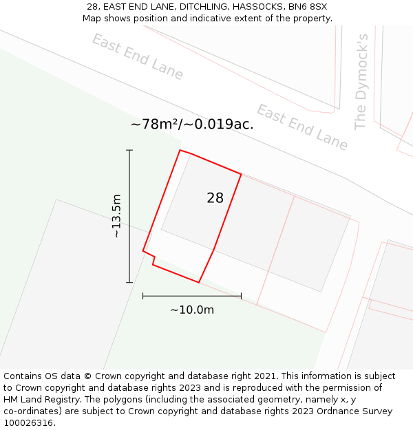 28, EAST END LANE, DITCHLING, HASSOCKS, BN6 8SX: Plot and title map