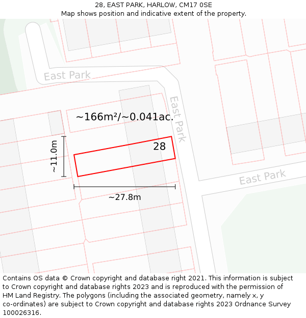 28, EAST PARK, HARLOW, CM17 0SE: Plot and title map