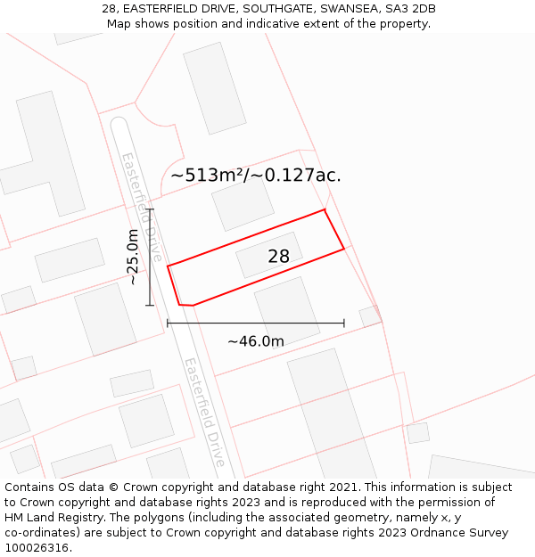28, EASTERFIELD DRIVE, SOUTHGATE, SWANSEA, SA3 2DB: Plot and title map