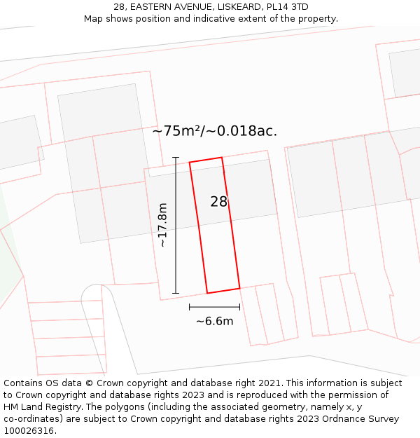 28, EASTERN AVENUE, LISKEARD, PL14 3TD: Plot and title map