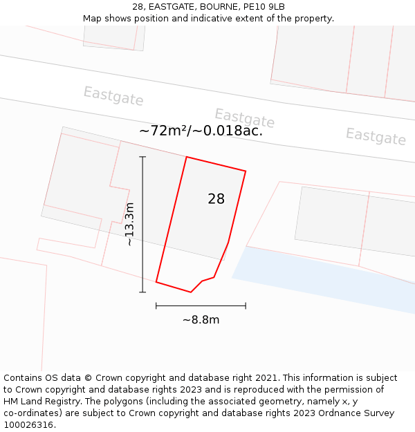 28, EASTGATE, BOURNE, PE10 9LB: Plot and title map
