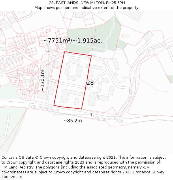28, EASTLANDS, NEW MILTON, BH25 5PH: Plot and title map